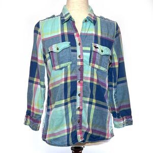 Abercrombie Button Up Top Womens Sz MED Blue Plaid Roll Tab Sleeves 100% Cotton